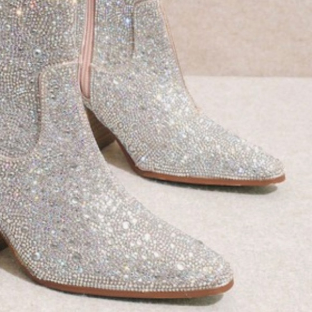 MIIM ANGEL Silver Rhinestone Gem Embellished Ankle Western Heeled Cowboy Boot - Picture 4 of 12